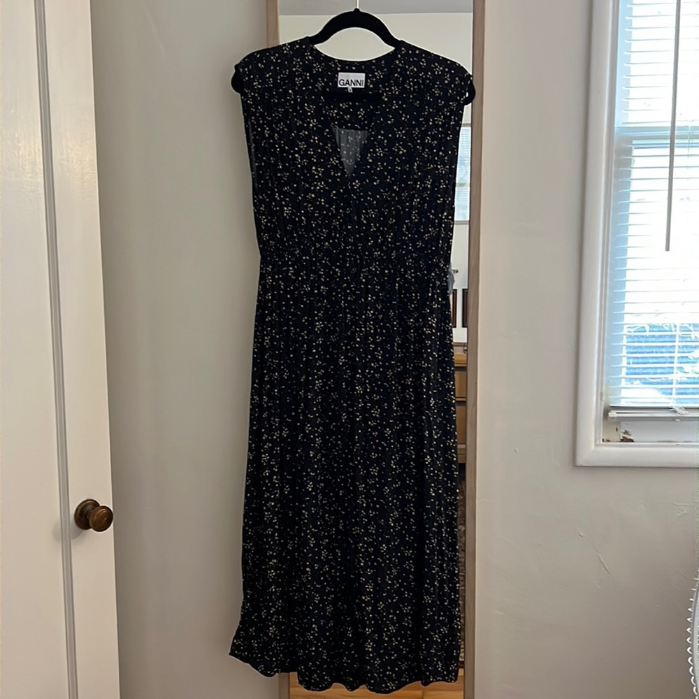 GANNI Gathered floral-print crepe midi dress, 36 DE/ 6 US